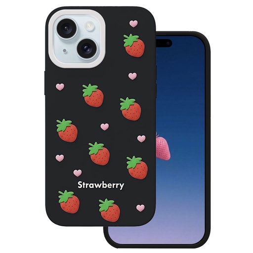 Apple iPhone 13 / iPhone 14 / iPhone 15 Strawberry zadní kryt (Černá)