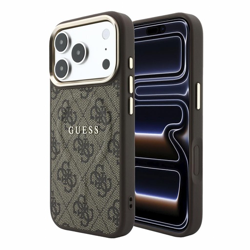 Apple iPhone 18 Pro Max Guess Leather 4G Zlatá Frame Embossed MagSafe kůže ochranné pouzdro (Hnědá) (GUHMP18XP4MSEGCW)