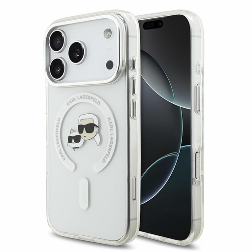 Apple iPhone 18 Pro Karl Lagerfeld IML and Choupette Heads Metal Frame MagSafe ochranné pouzdro (Bílá)