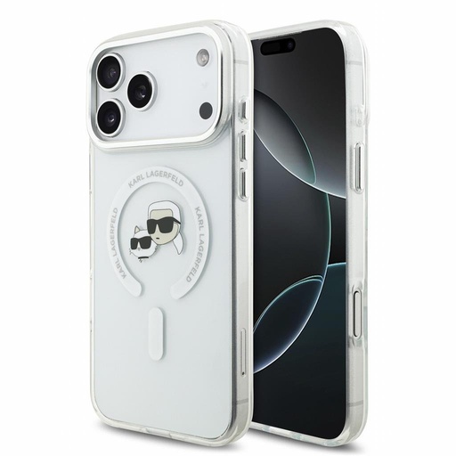 Apple iPhone 18 Pro Max Karl Lagerfeld IML and Choupette Heads Metal Frame MagSafe ochranné pouzdro (Bílá)