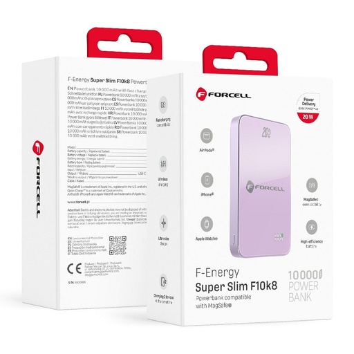 Forcell F-Energy SuperSlim F10K8 MagSafe 15W powerbanka / powerbank (Fialová) - 10000 mAh