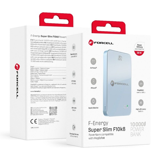 Forcell F-Energy SuperSlim F10K8 MagSafe 15W powerbanka / powerbank (Modrá) - 10000 mAh