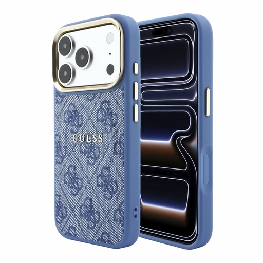 Apple iPhone 18 Pro Guess Leather 4G Zlatá Frame Embossed MagSafe kůže ochranné pouzdro (Modrá) (GUHMP18LP4MSEGCB)