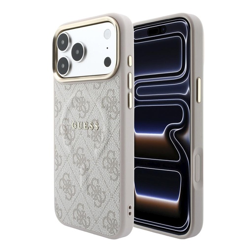 Apple iPhone 18 Pro Guess Leather 4G Zlatá Frame Embossed MagSafe kůže ochranné pouzdro (Růžová) (GUHMP18LP4MSEGCP)