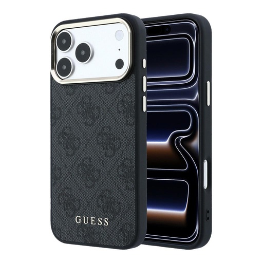 Apple iPhone 18 Pro Guess Leather 4G Zlatá Frame MagSafe kůže ochranné pouzdro (Černá) (GUHMP18LG4GFCK)
