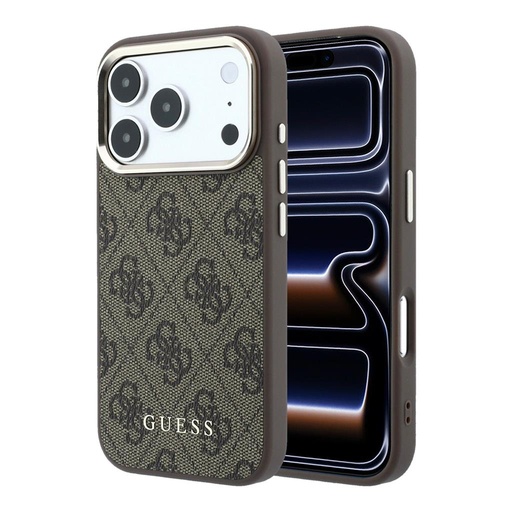 Apple iPhone 18 Pro Guess Leather 4G Zlatá Frame MagSafe kůže ochranné pouzdro (Hnědá) (GUHMP18LG4GFCW)