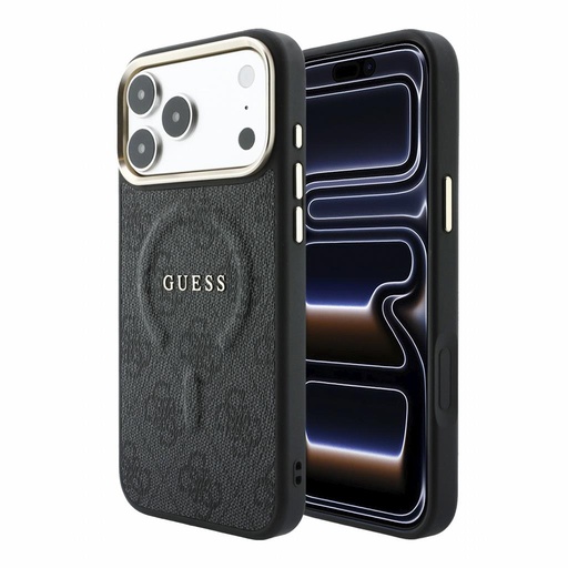 Apple iPhone 18 Pro Max Guess Leather 4G Zlatá Frame Embossed MagSafe kůže ochranné pouzdro (Černá) (GUHMP18XP4MSEGCK)