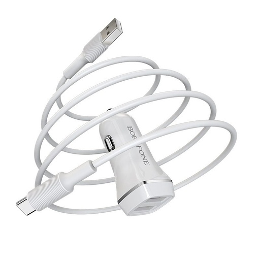Borofone BZ2 autní nabíječka (2 USB, type-C kabel), 5V 2,4A, bílá