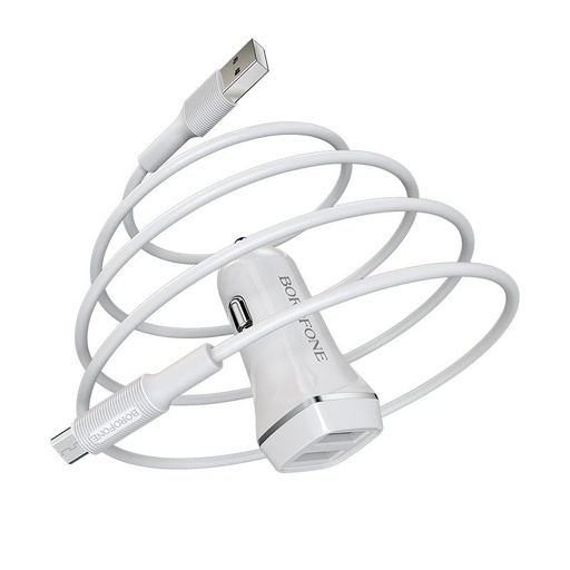 Borofone BZ2 autní nabíječka (2 USB port, microUSB kabel), 5V 2,4A, bílá