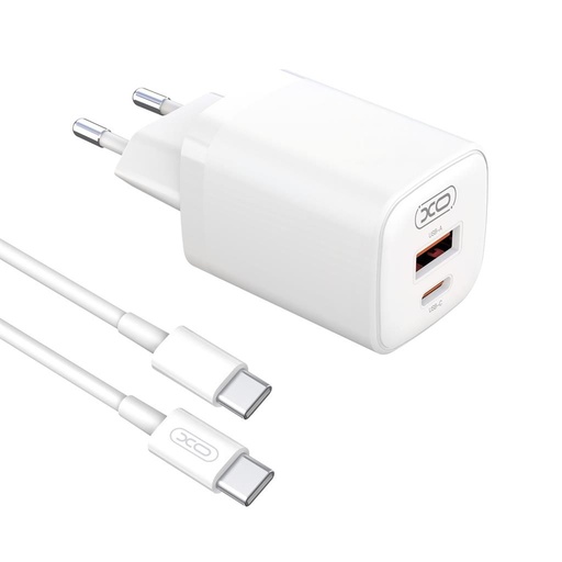 XO L96 síťový rychlonabíječka (QC + PD konektor), PD type-C kabel, bílá