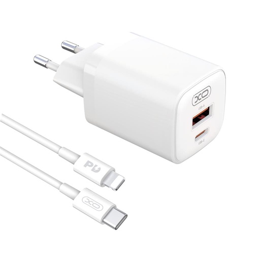 XO L96 síťový rychlonabíječka (QC + PD konektor), PD lightning kabel, bílá