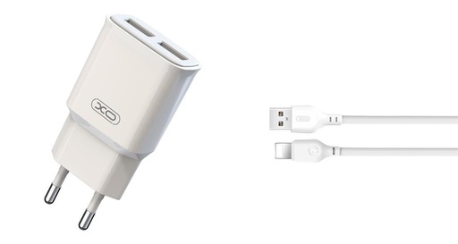 XO L92C 2.4A nabíječka (Bílá) – dvojitý USB konektor, Lightning s kabelem