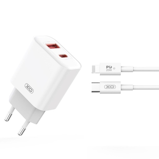 XO CE12 PD 20W rychlonabíječka (Bílá) – PD 20W + USB-A 18W, USB-C + USB-A konektor, Lightning s kabelem