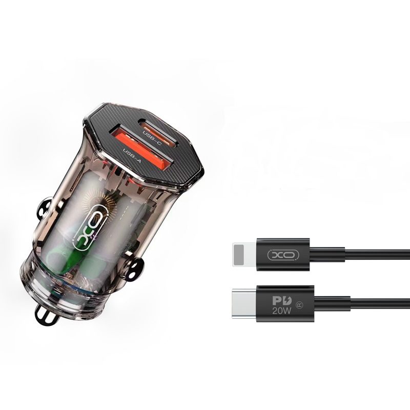 [6920680832835] XO CC50 car fast charger, PD & QC connector + lightning cable, clear/brown