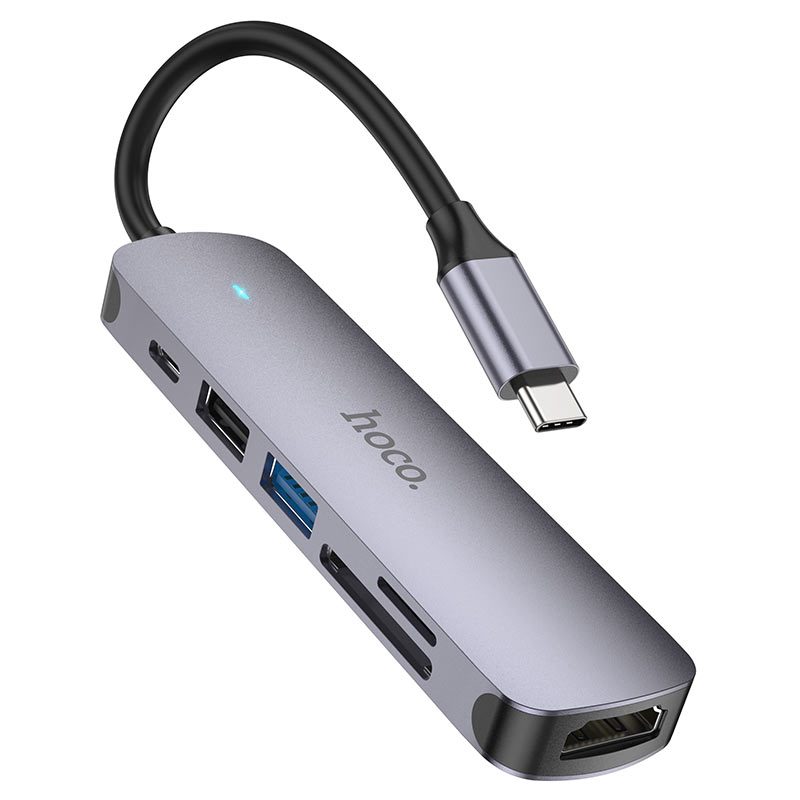 [6931474769336] Hoco HB28 HUB aluminium Type-C hub, HDMI + Type-C PD + USB3.0 + USB2.0 + SD + TF, 4K 30Hz támogatás, up to 60W (20V / 3A) charging,