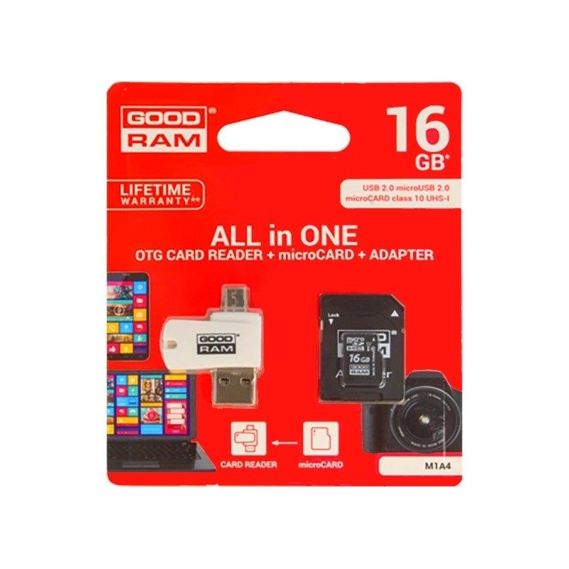 [5908267913413] Goodram microSDHC + adapter + OTG reader 16GB class10 memory card