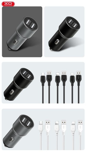XO TZ09 autní nabíječka (Šedá) – 2×USB, Type-C kabel, hliník pouzdro, 12W