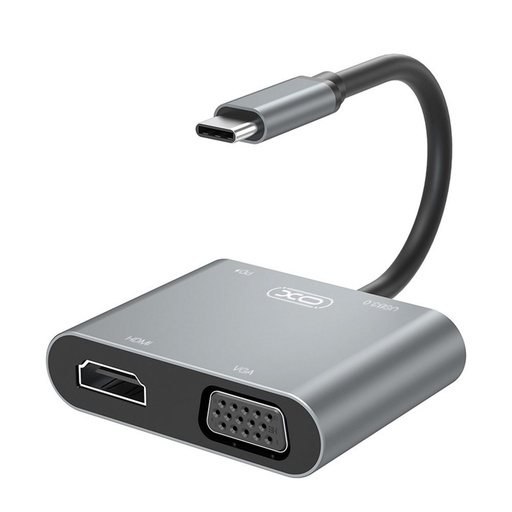 XO HUB001 4 az 1-ben Type-C adapter (Stříbrná) – HDMI, VGA, USB 3.0, PD nabíjení
