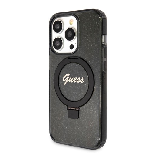 Apple iPhone 15 Pro Max Guess IML Ring Stand Glitter MagSafe pouzdro (Černá) - GUHMP15XHRSGSK