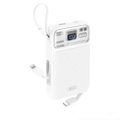 XO PR243 power bank 10000 mAh (Bílá) – rychlé nabíjení 22.5W, digitální displej, USB-C a Lightning kabel