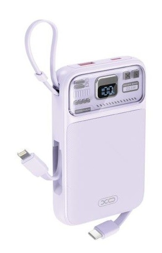 XO PR243 power bank 10000 mAh (Fialová) – rychlé nabíjení 22.5W, digitální displej, USB-C a Lightning kabel