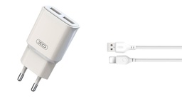 XO L92C 2.4A nabíječka (Bílá) – dvojitý USB konektor, Lightning s kabelem