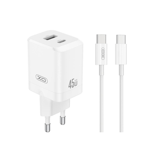 XO CE36 GaN nástěnný nabíječka 45W 1x USB-C + 1x USB-A + Type-C kabel (Bílá)