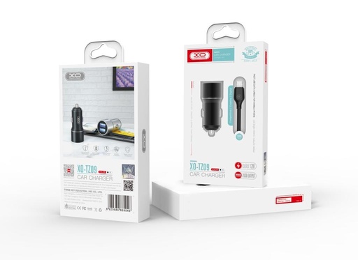 XO TZ09 autní nabíječka (Šedá) – 2×USB, Type-C kabel, hliník pouzdro, 12W