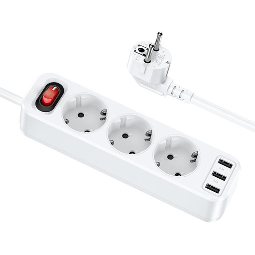 Hoco NS2 velký s výkonem prodlužovací kabel aljzat, 3 aljzat + 3 * USB 5V / 2.4A výstup bílá